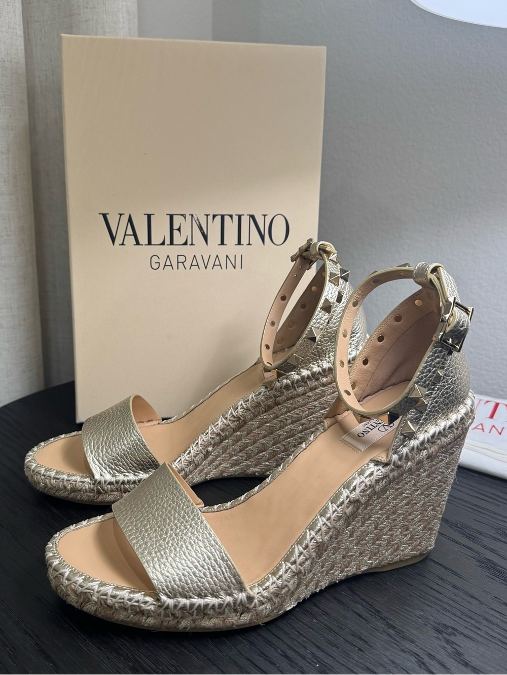 Valentino Garavani Rockstud Espadrille Wedge Sandals Gold 40